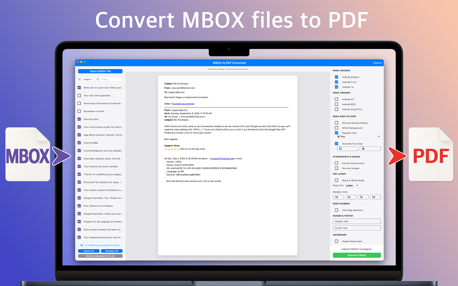 MBOX to PDF main interface — email selector on the left, live preview in the center, formatting controls on the right